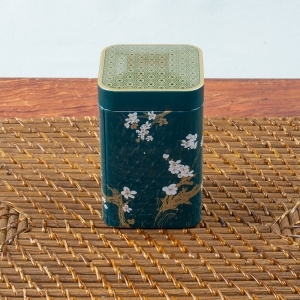 Square Cherry Blossom Tea Tin - Teal Color