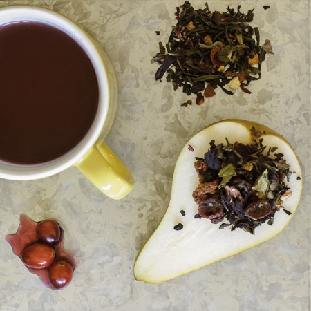 USDA Certified Organic Cranberry Pear Smash Tea: with tart notes of cranberries & hibiscus, sweet flavors of apple & pear, with a hint of orange zest.